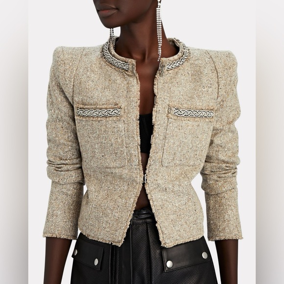 Veronica Beard Jackets & Blazers - Veronica Beard Wool Tweed Orris Blazer Jacket Stone Gray 10 Crystal Embellish